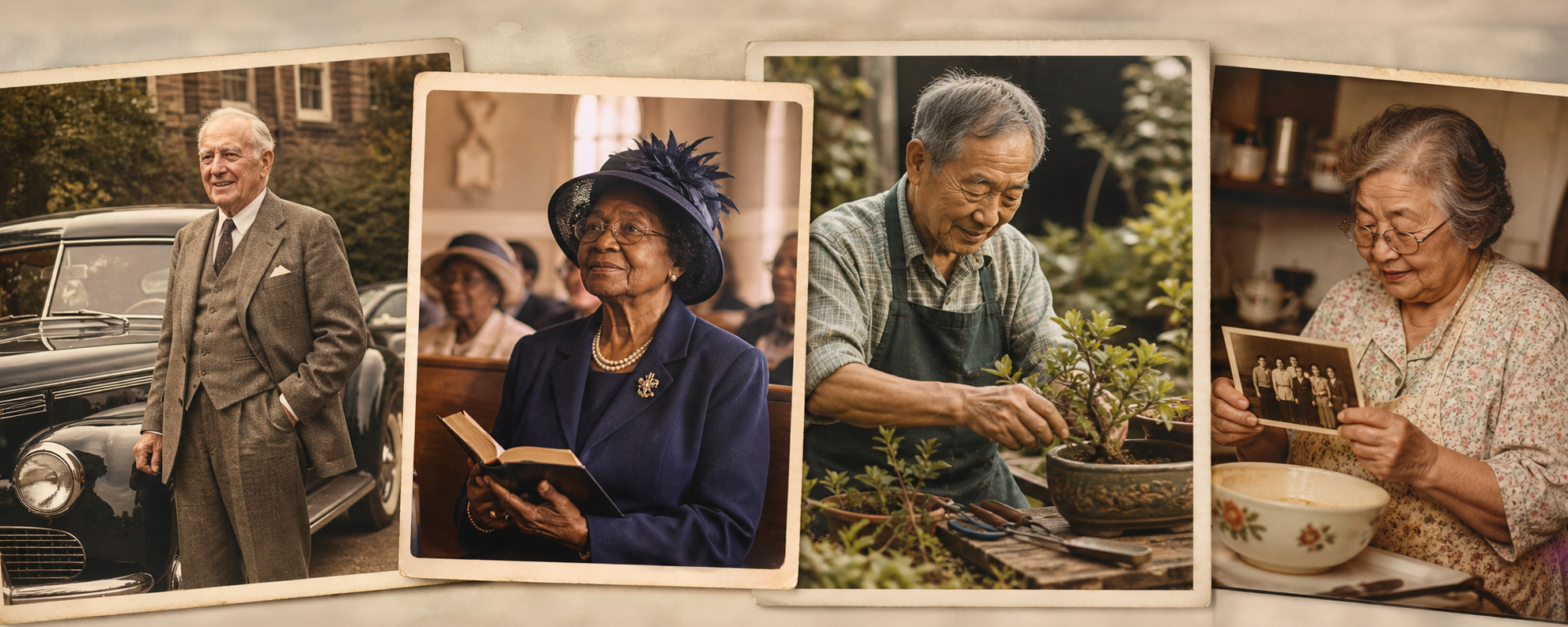 Archival collage showing elders in meaningful life moments, including community, gardening, family memory, and classic cars
