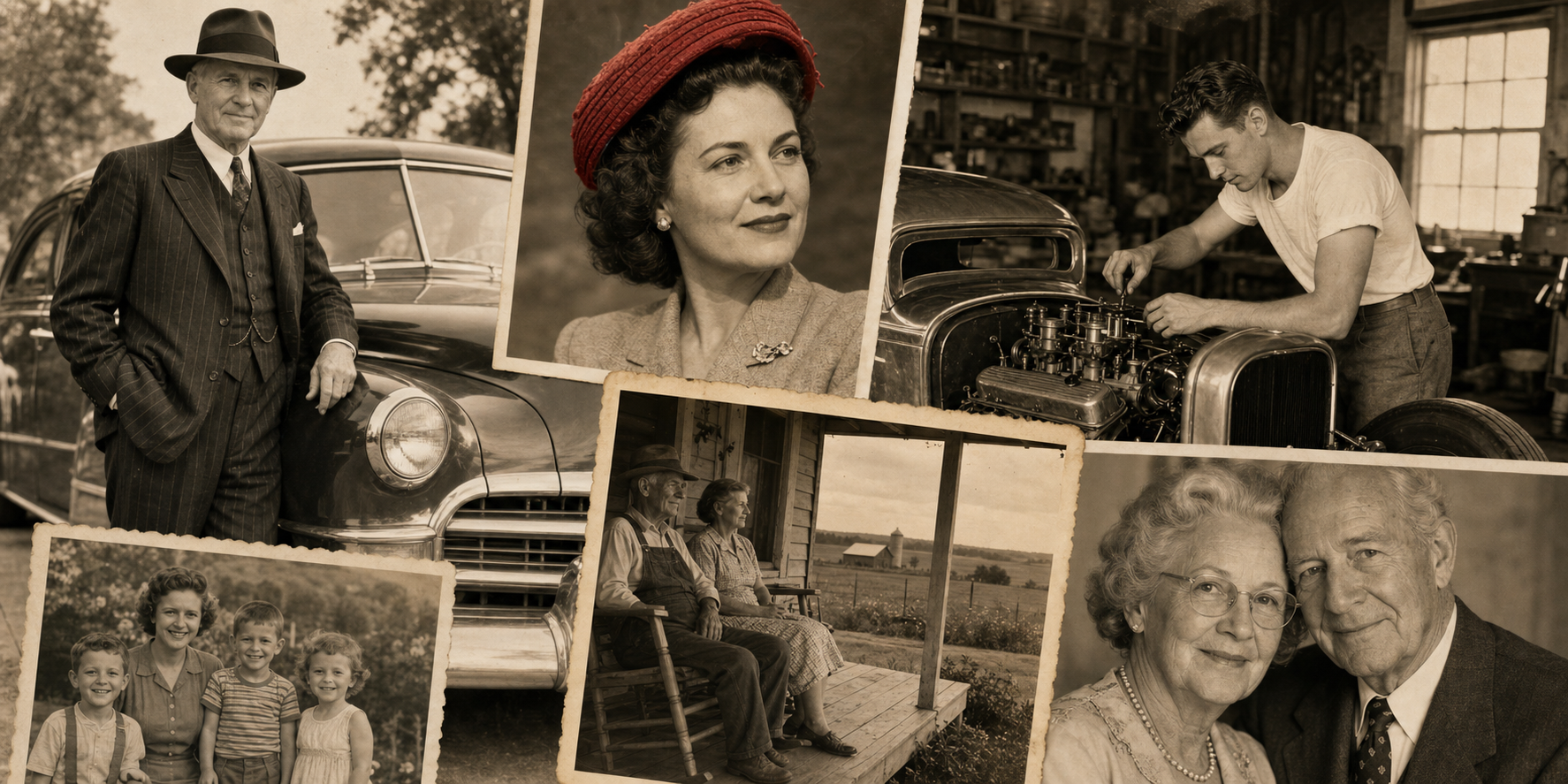 Archival collage of elders in pinstripe suits, vintage hats, classic cars, farm porches, and family portraits