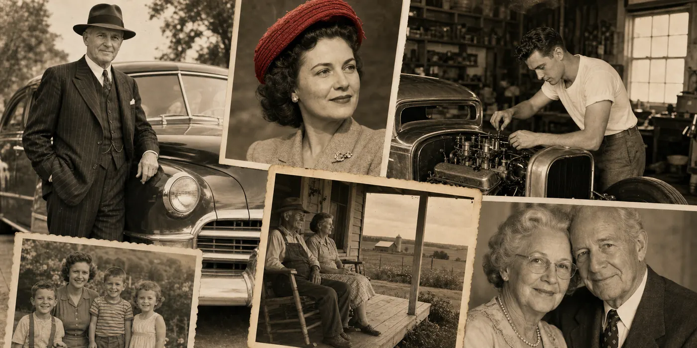 Warm archival collage of elders in classic family moments, vintage clothes, community life, and remembered stories